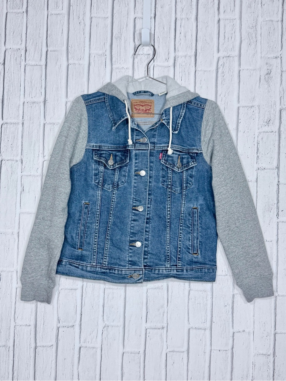 👖 Levi’s Denim Trucker Hoodie Jacket Gray Sweatshirt Sleeves Large